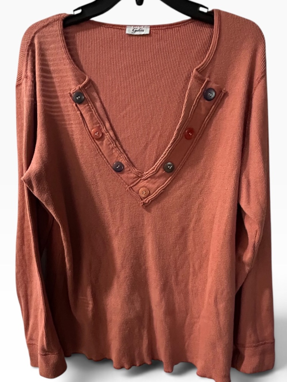 Casual V-Neck Button-Trim Long Sleeve Top Rust